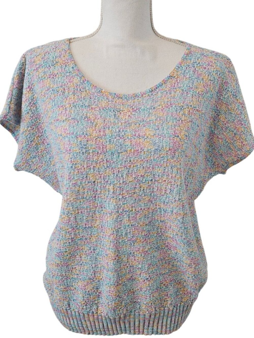 Vintage Brunny Knit 80s Pastel Acrylic Sweater Cap Sleeve , Size XL